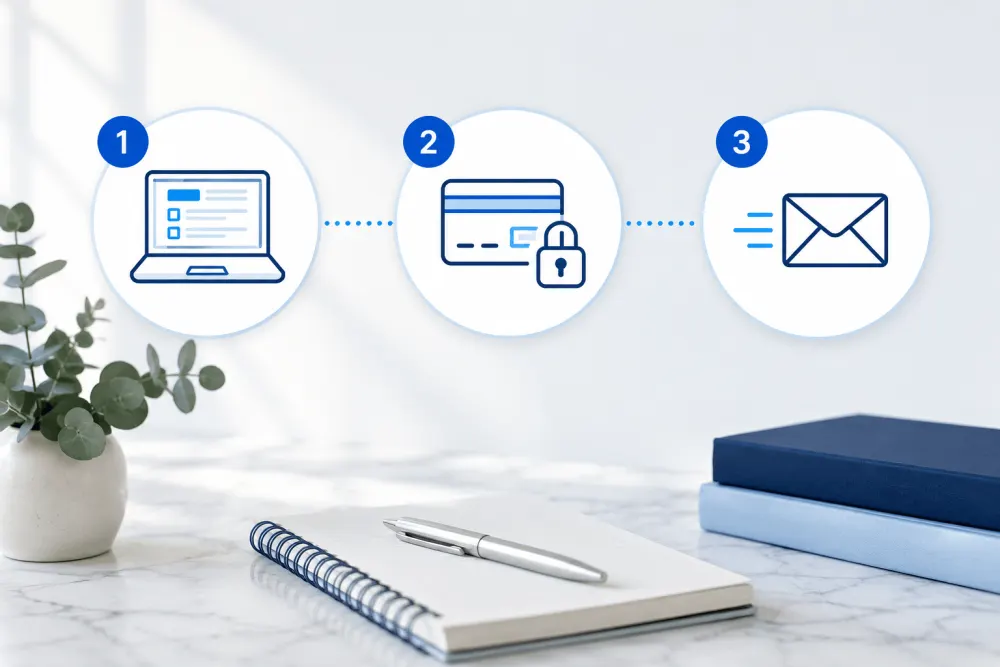 The three steps: complete the form online, pay securely, and receive your document